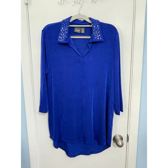 Chico's Tunic Blouse Large Royal Blue Beaded Collar Liquid Knit Office Siren - Picture 1 of 6